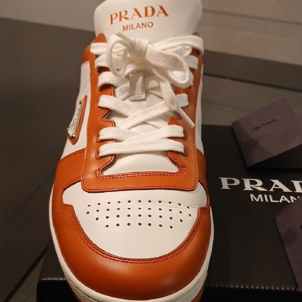 Prada Men's Downtown Low Top White and Orange Sneakers - Picture 6 of 14